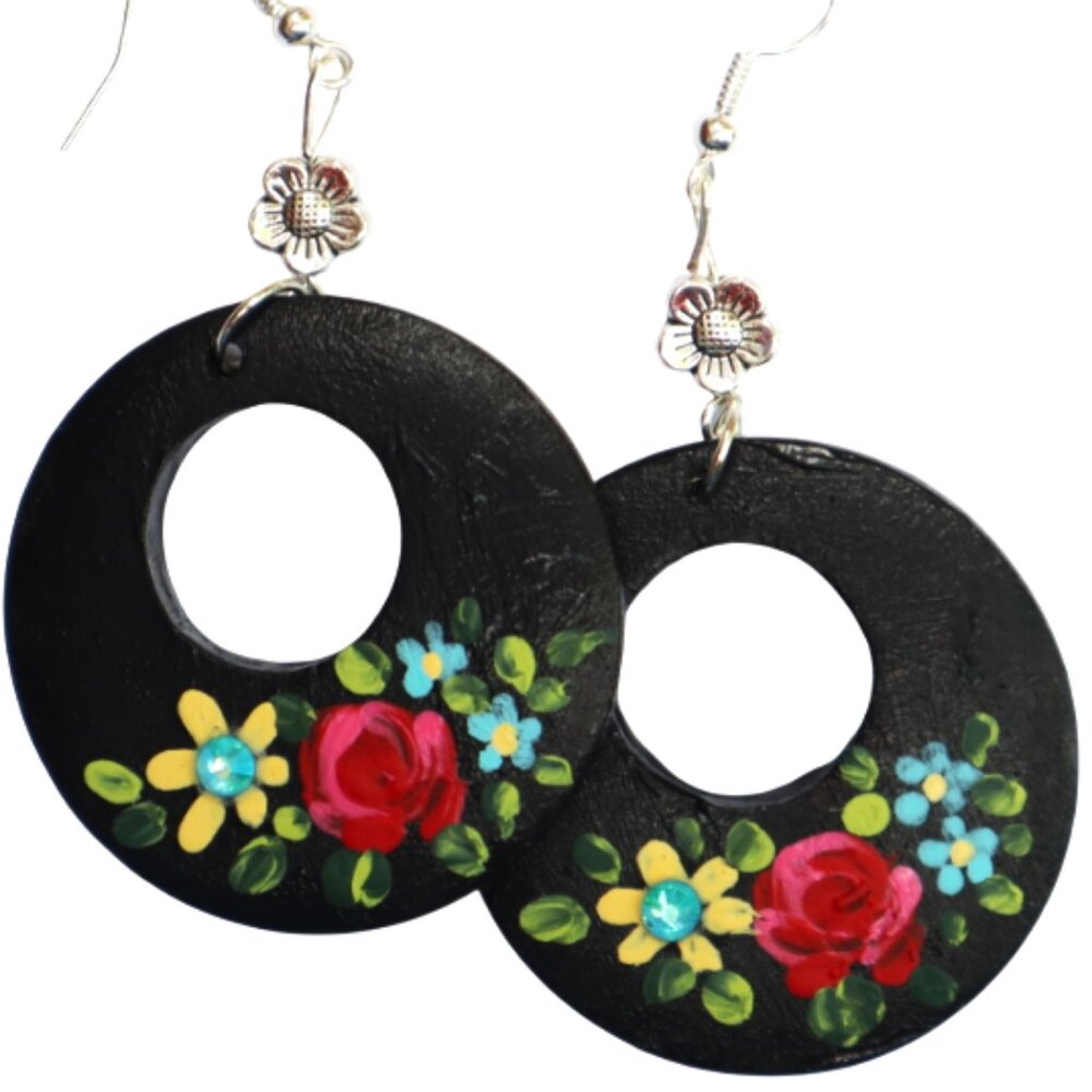 Boho Earrings Artist Hand Painted Flowers Large Black and Silver Hoop Earrings